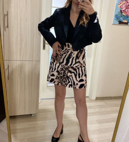 PİLELİ LEOPAR MİNİ ETEK