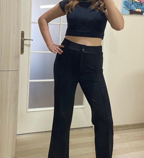 ÖNÜ ÇİMALI KREP LİKRALI PANTOLON - SİYAH