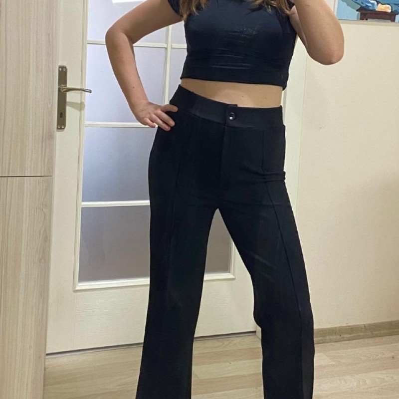 ÖNÜ ÇİMALI KREP LİKRALI PANTOLON - SİYAH