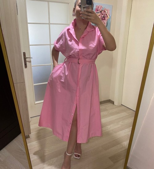 Gömlek Yaka Boydan Düğmeli Kemerli Elbise / Pembe