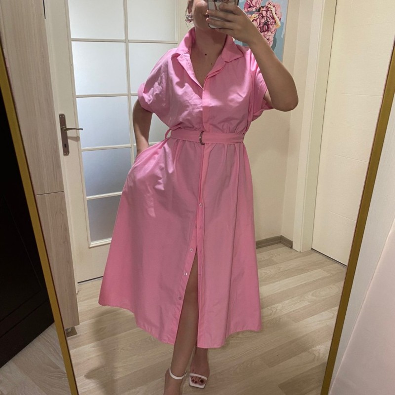 Gömlek Yaka Boydan Düğmeli Kemerli Elbise / Pembe