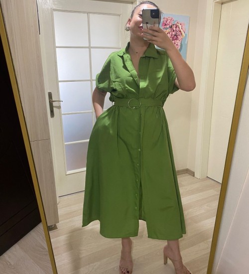 Gömlek Yaka Boydan Düğmeli Kemerli Elbise / Yeşil