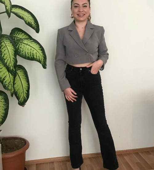 Tek Düğmeli Crop Ceket Gri