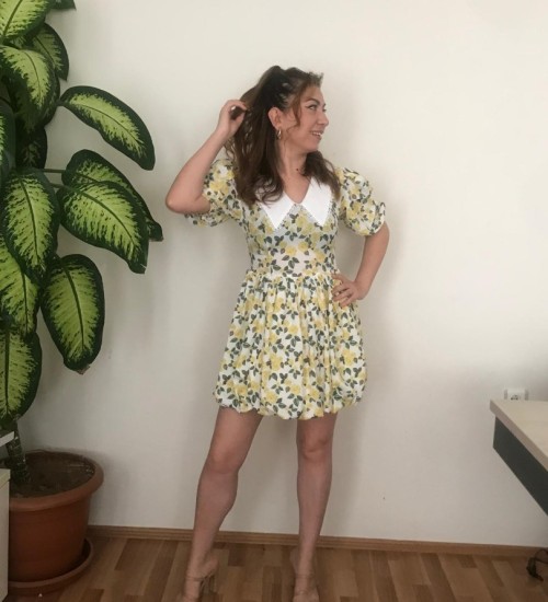 VİNTAGE BEBE YAKA DANTELLİ ÇİÇEKLİ ELBİSE -SARI