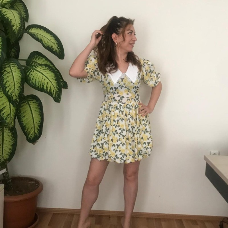 VİNTAGE BEBE YAKA DANTELLİ ÇİÇEKLİ ELBİSE -SARI