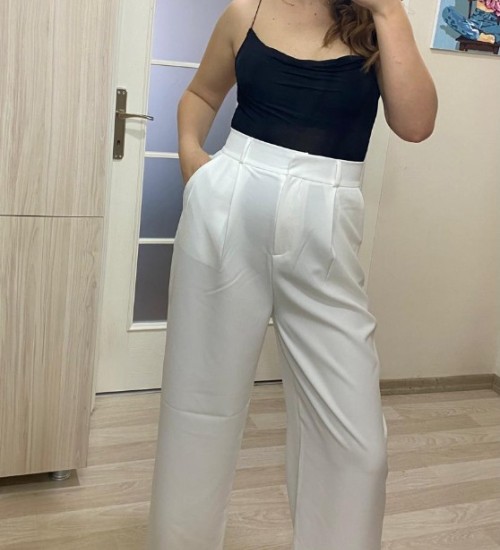 Beyaz Tek Pile Detay Palazzo Pantolon