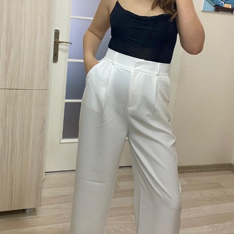 Beyaz Tek Pile Detay Palazzo Pantolon