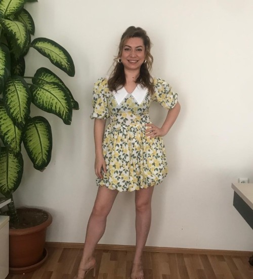 VİNTAGE BEBE YAKA DANTELLİ ÇİÇEKLİ ELBİSE -SARI