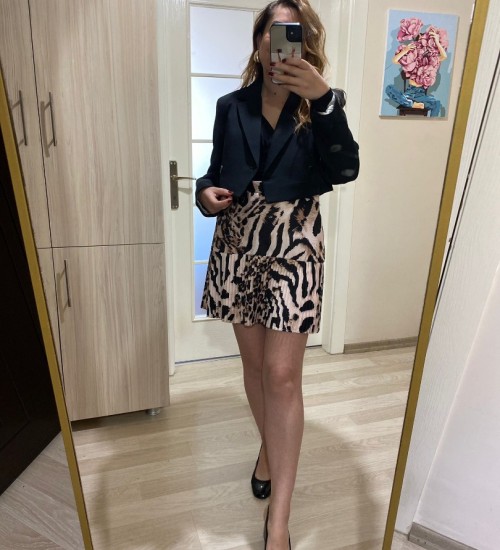 PİLELİ LEOPAR MİNİ ETEK