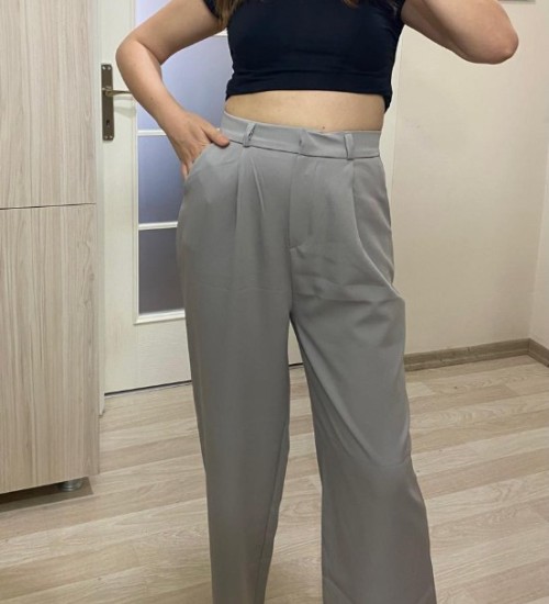 Gri Tek Pile Detay Palazzo Pantolon