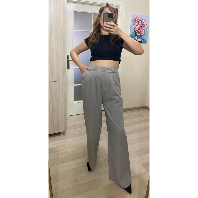 Gri Tek Pile Detay Palazzo Pantolon