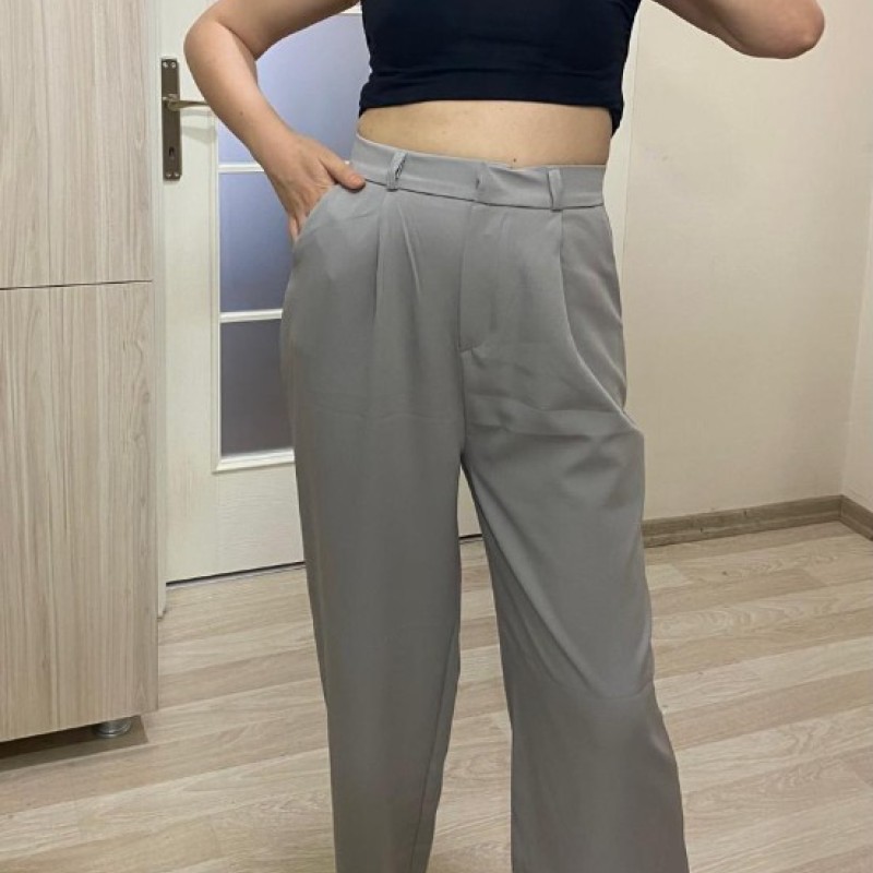 Gri Tek Pile Detay Palazzo Pantolon