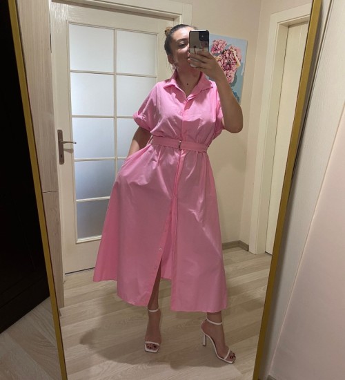 Gömlek Yaka Boydan Düğmeli Kemerli Elbise / Pembe