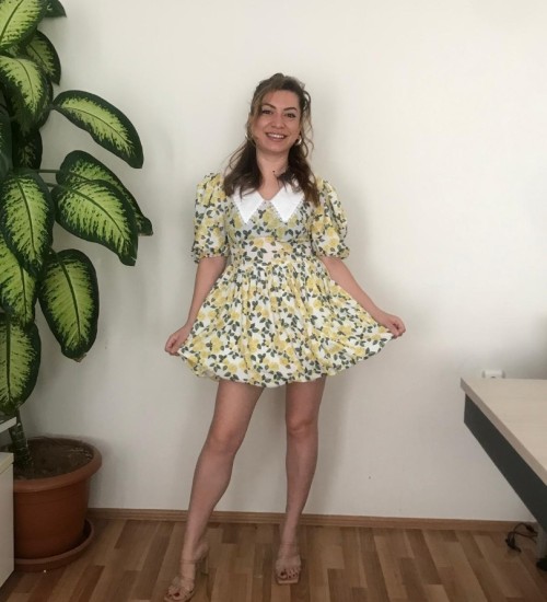 VİNTAGE BEBE YAKA DANTELLİ ÇİÇEKLİ ELBİSE -SARI