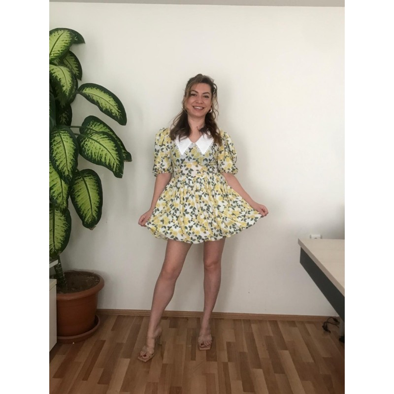 VİNTAGE BEBE YAKA DANTELLİ ÇİÇEKLİ ELBİSE -SARI