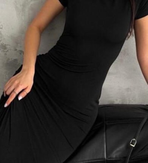 Penye Kumaş Likralı Uzun Elbise -Siyah