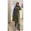 ASTARSIZ BELİ KUŞAKLI/DÜĞMELİ TRENÇKOT -HAKİ