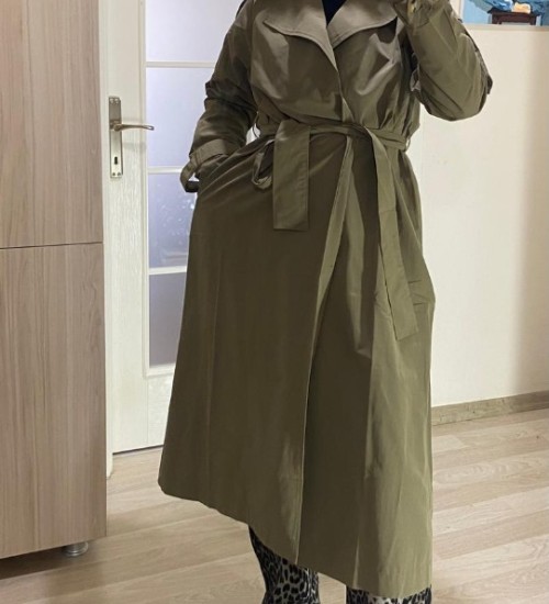 ASTARSIZ BELİ KUŞAKLI/DÜĞMELİ TRENÇKOT -HAKİ