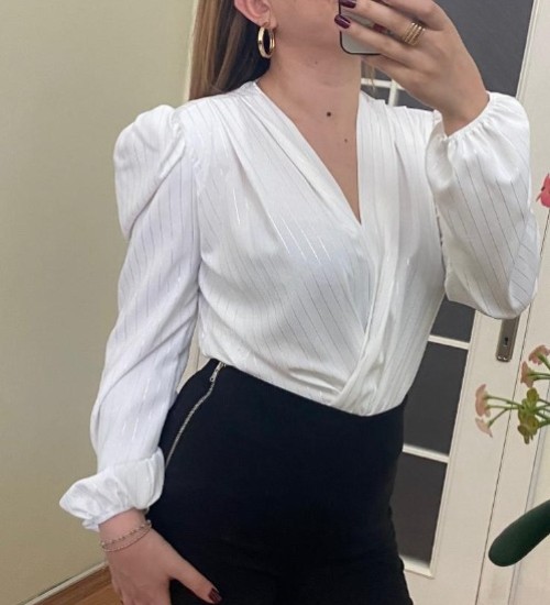 Parlak Çizgili Bodysuit Bluz - EKRU