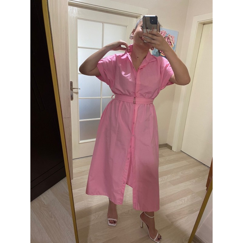 Gömlek Yaka Boydan Düğmeli Kemerli Elbise / Pembe