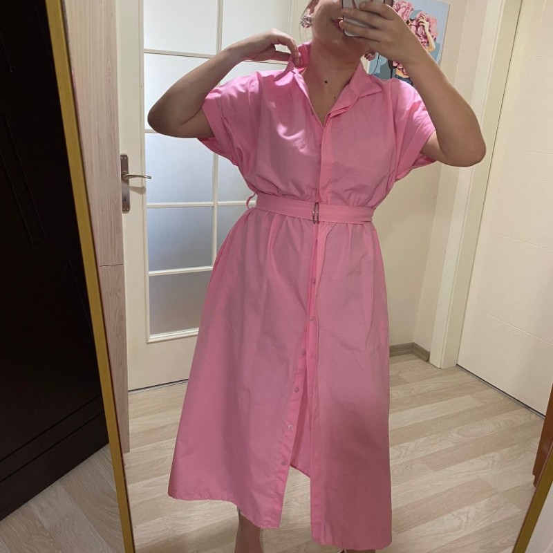 Gömlek Yaka Boydan Düğmeli Kemerli Elbise / Pembe