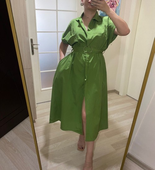 Gömlek Yaka Boydan Düğmeli Kemerli Elbise / Yeşil
