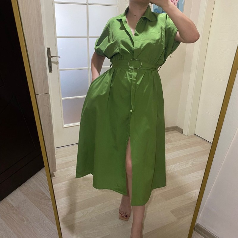 Gömlek Yaka Boydan Düğmeli Kemerli Elbise / Yeşil