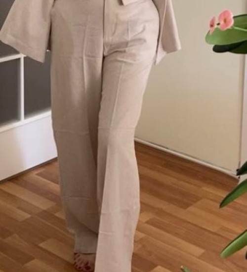 Keten Kumaş Pantolon-Krem