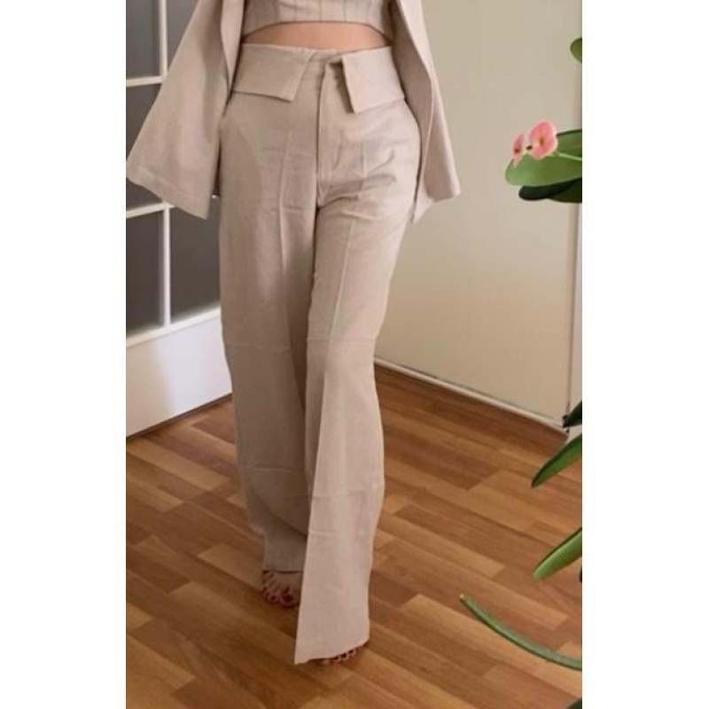 Keten Kumaş Pantolon-Krem