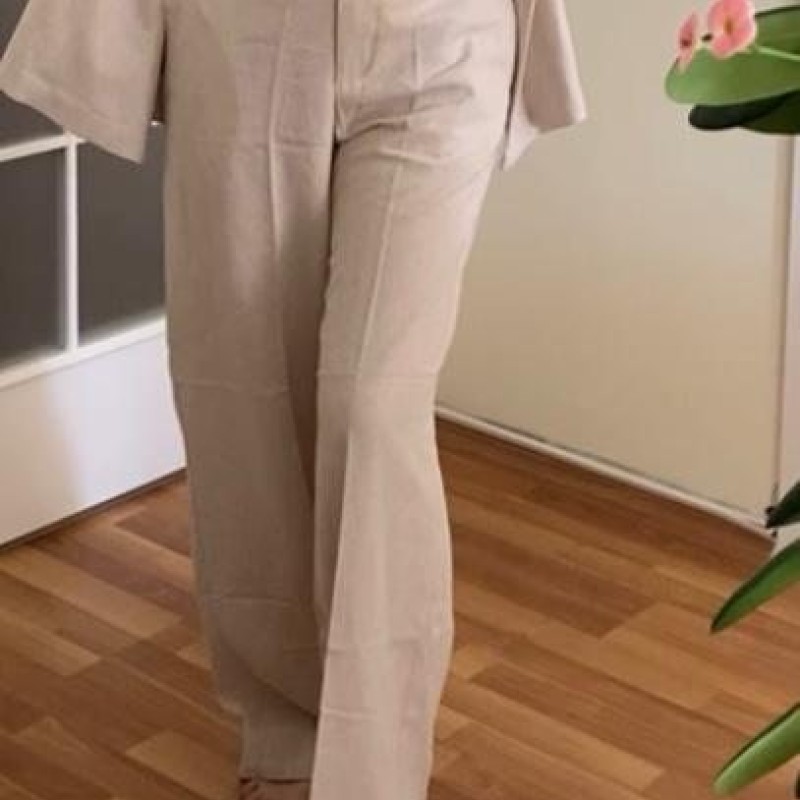 Keten Kumaş Pantolon-Krem