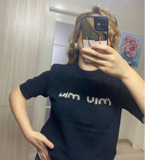 İNCİ İŞLEME YAZLIK TRİKO T-SHİRT SİYAH