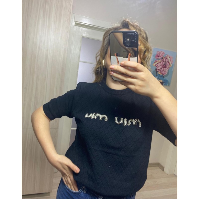 İNCİ İŞLEME YAZLIK TRİKO T-SHİRT SİYAH