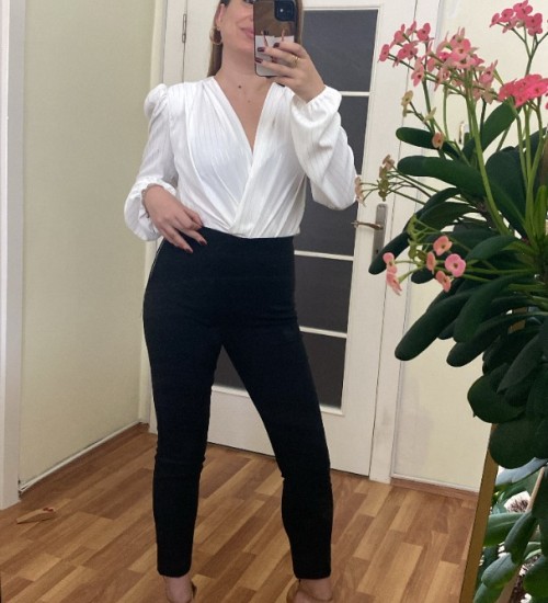 Parlak Çizgili Bodysuit Bluz - EKRU