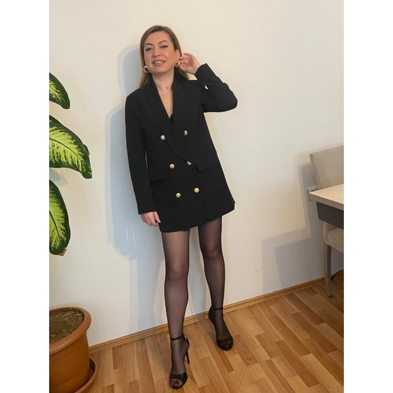 Gold Düğme Detaylı Kruvaze Ceket - SİYAH