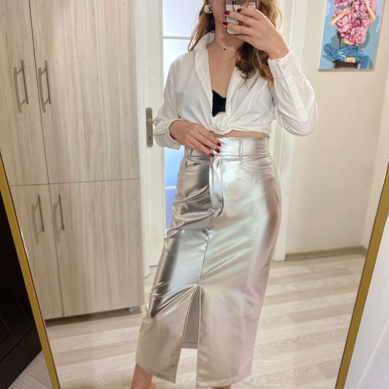 Parlak Önden Yırtmaçlı Kalem Etek