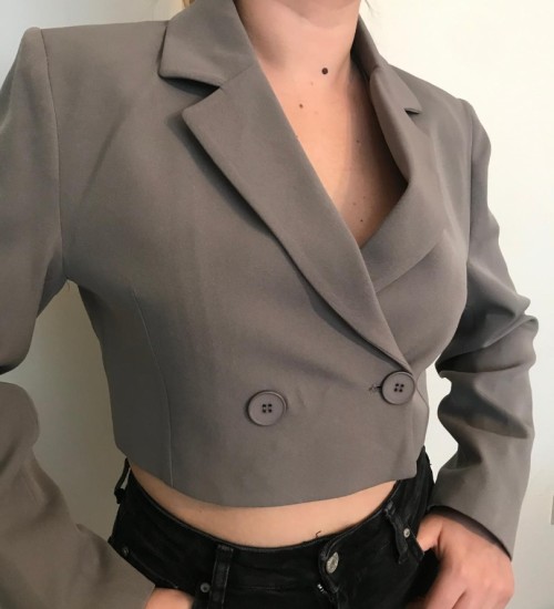 Tek Düğmeli Crop Ceket Gri