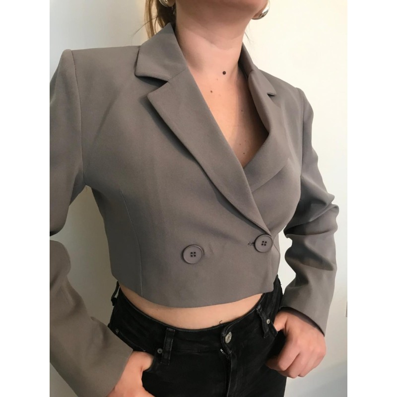 Tek Düğmeli Crop Ceket Gri