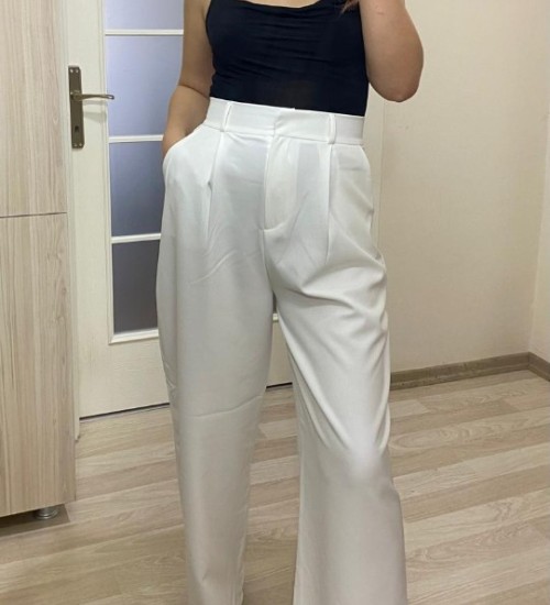 Beyaz Tek Pile Detay Palazzo Pantolon