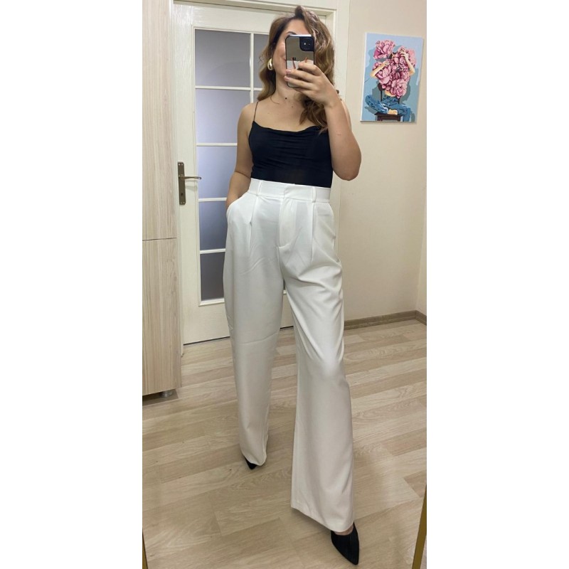 Beyaz Tek Pile Detay Palazzo Pantolon