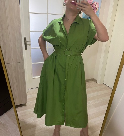 Gömlek Yaka Boydan Düğmeli Kemerli Elbise / Yeşil