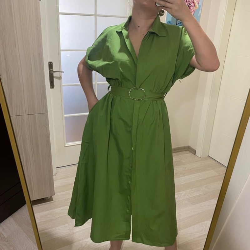 Gömlek Yaka Boydan Düğmeli Kemerli Elbise / Yeşil