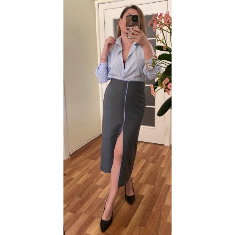 Garni Detaylı Önden Yırtmaçlı Midi Etek Gri