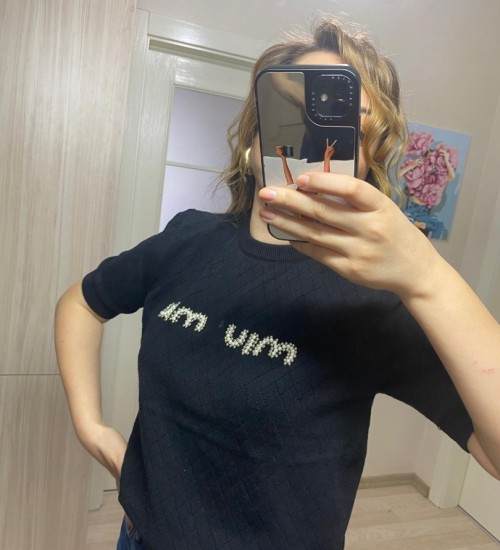 İNCİ İŞLEME YAZLIK TRİKO T-SHİRT SİYAH