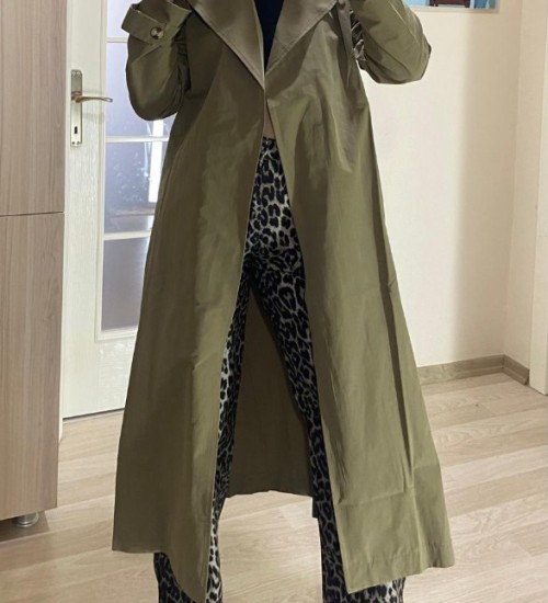 ASTARSIZ BELİ KUŞAKLI/DÜĞMELİ TRENÇKOT -HAKİ