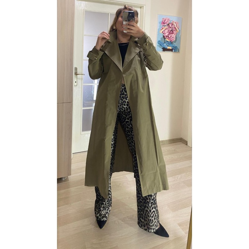 ASTARSIZ BELİ KUŞAKLI/DÜĞMELİ TRENÇKOT -HAKİ