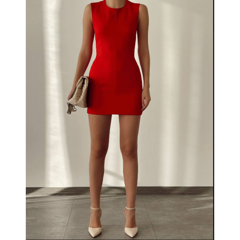 BİSİKLET YAKA KIRMIZI MİNİ ELBİSE 