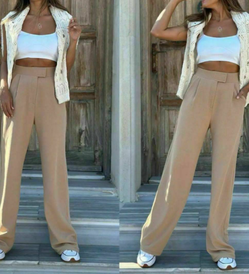 BEL DETAYI CIRT CIRTLI BORU PAÇA PANTOLON-KREM