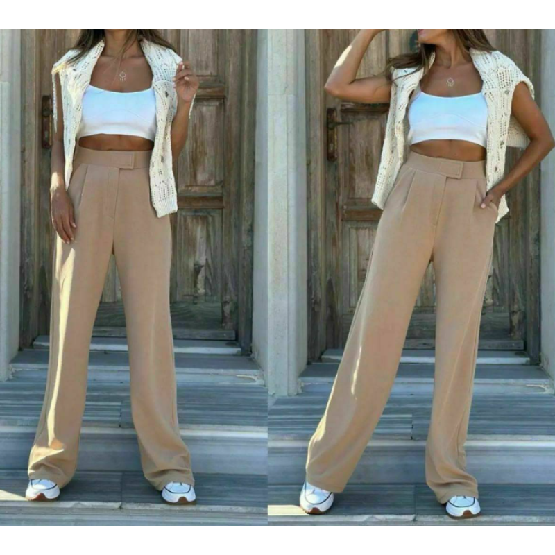 BEL DETAYI CIRT CIRTLI BORU PAÇA PANTOLON-KREM