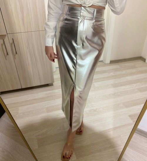 Parlak Önden Yırtmaçlı Kalem Etek