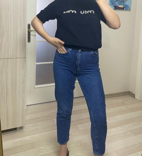 İNCİ İŞLEME YAZLIK TRİKO T-SHİRT SİYAH